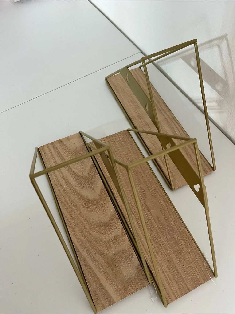 3 Small Shelves Gold Metal & Wood Triangle Wall Shelf Modern Home Wall Decor